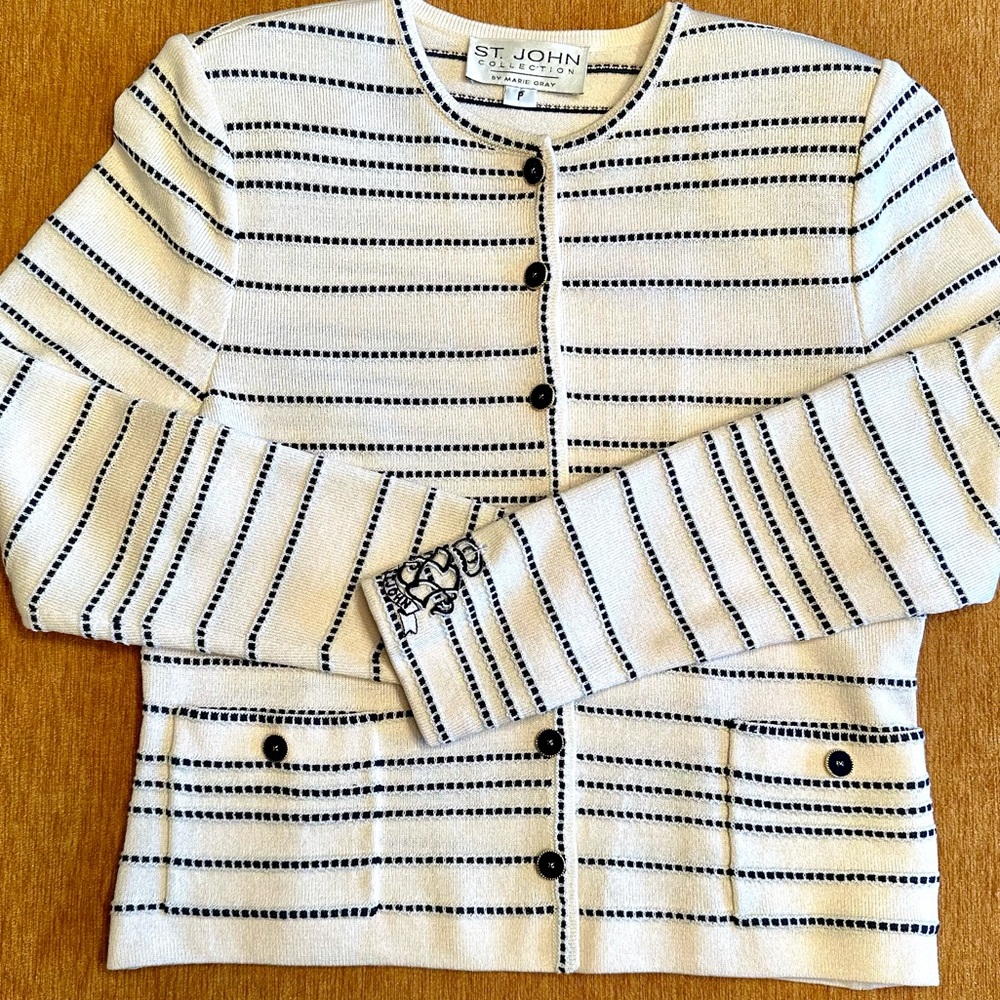 St. John Collection by Marie Gray Knitted B&W Striped Jacket. Petite in EUC.